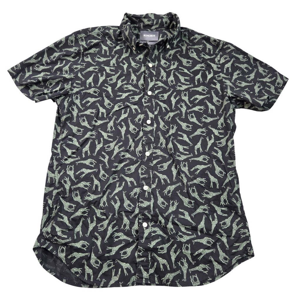 Bonobos Shirt Mens Medium Black Slim Fit Giraffe Print Short Sleeve Button Down